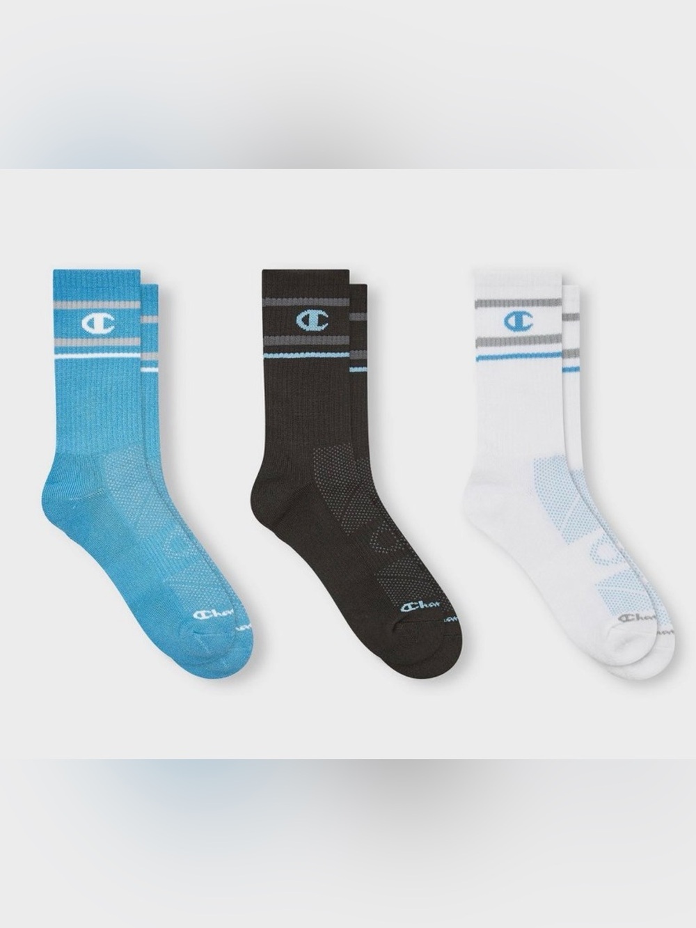 Champion Boys 3-Pack Athletic Crew Socks - Blue, Black & White SZ S